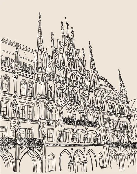 Munich Town Hall, Munich, Bavaria, capital of Germany, European city, vector sketch hand drawn collection, drawing, scribble. Famous, tourists & travel, popular historic city attraction, street and routs. Tourism concept.
