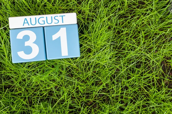 August 31st. Image of august 31 wooden color calendar on green grass lawn background with soccer ball. Summer day. Empty space for text
