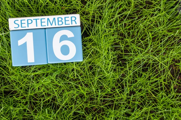 September 16th. Image of september 16 wooden color calendar on green grass lawn background. Autumn day. Empty space for text