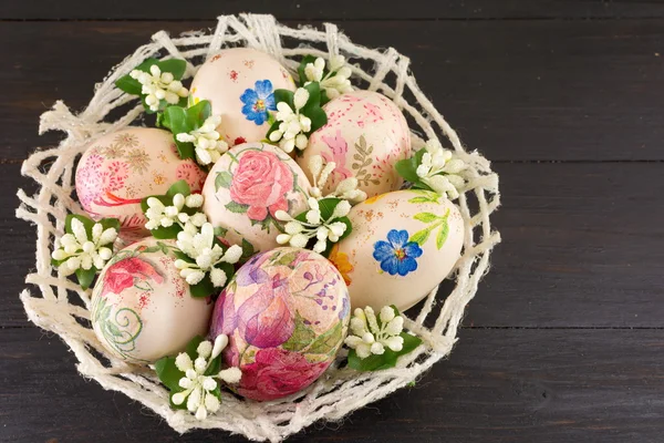 Decorated Easter eggs in a basket
