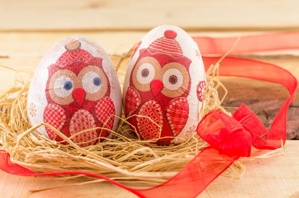 Owl decoupage decorated Easter eggs