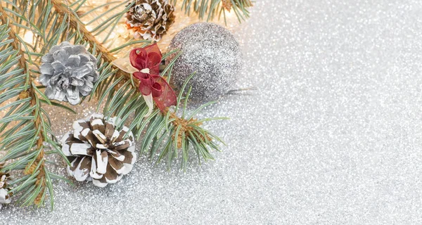 Pine cones and Christmas decorations on sparkling background