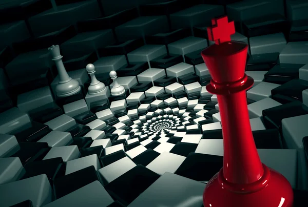 Red chess king on round chessboard vs white figures