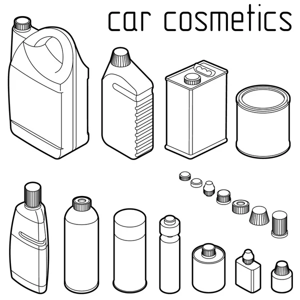 Car motor and engine oil cans, anti freeze, water and tire glue bottles. isometric vector design concept. Car cosmetics and transportation related products.