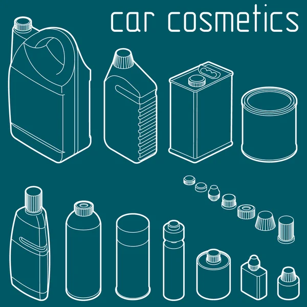 Car motor and engine oil cans, anti freeze, water and tire glue bottles. isometric vector design concept. Car cosmetics and transportation related products.