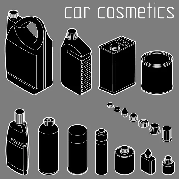 Car motor and engine oil cans, anti freeze, water and tire glue bottles. isometric vector design concept. Car cosmetics and transportation related products.
