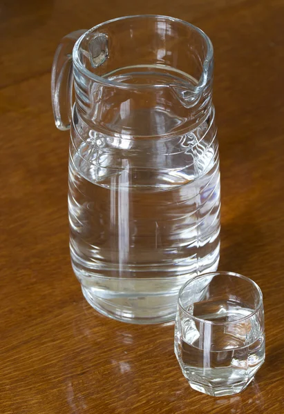 Glass carafe and a glass of clean water.