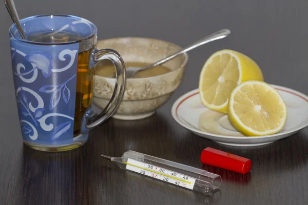 Table with tools for the treatment of colds, flu and acute respiratory disease.