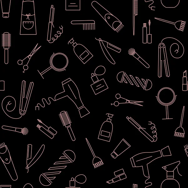 Beauty salon seamless pattern. Barber shop linear icons on black background