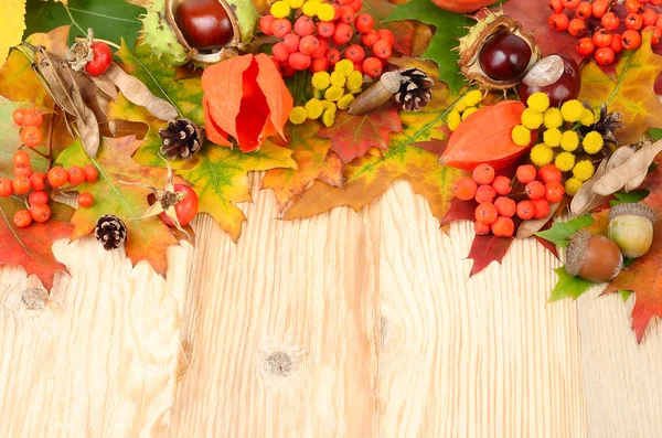 Autumn background with leaves, chestnuts and a mountain ash with a place for the text. Autumn composition on a wooden background.