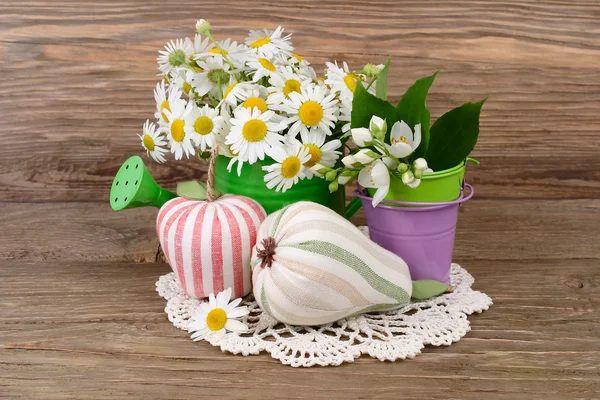 Camomiles in a green watering can and textile decorative apple and a pear on a wooden background. A summer flower background with a place for the text.