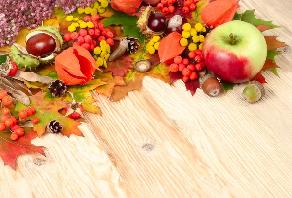 Autumn background with leaves, chestnuts and a mountain ash with a place for the text. Autumn composition on a wooden background.