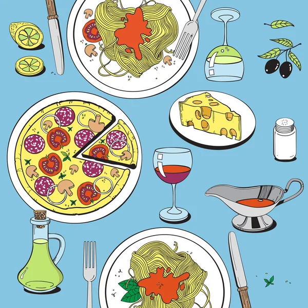 Hand drawn objects on italian food theme: pizza, pasta, tomato, olive oil, olives, cheese, lemon, sauce. Ethnic cuisine concept. Italian cuisine hand drawn objects.Vector food illustration for kitchen and cafe