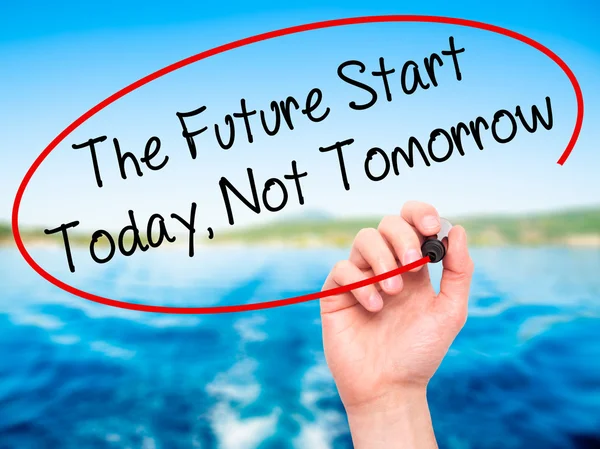 Man Hand writing The Future Start Today, Not Tomorrow with black