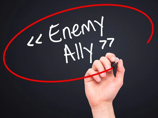 Man Hand writing Enemy - Ally with black marker on visual screen