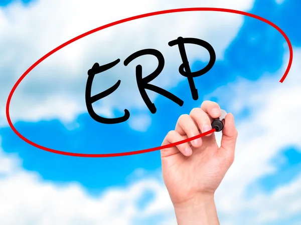 Man Hand writing  ERP (Enterprise Resource Planning)   with blac