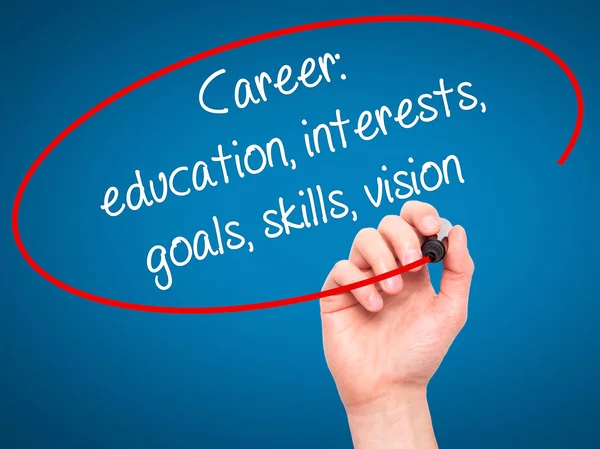 Man Hand writing Career: education, interests, goals, skills, vi