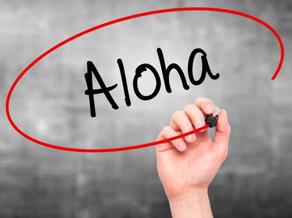 Man Hand writing Aloha  with black marker on visual screen