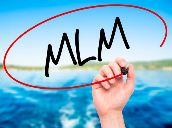 Man Hand writing  MLM (Multi-Level Marketing) with black marker