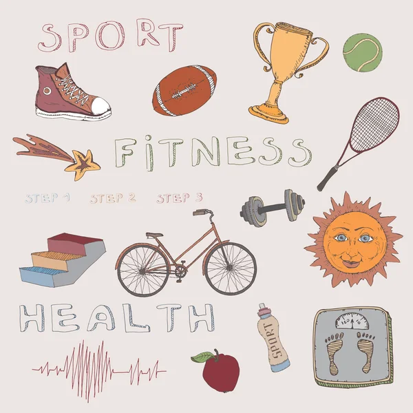 Color hand drawn set of sport, fitness and health elements.