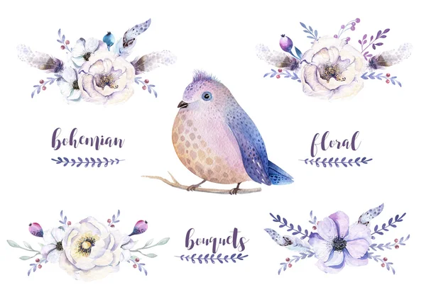 Set of watercolor bouquets and bird