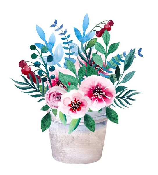 Watercolor bouquets of flowers in pot. Rustic floral set