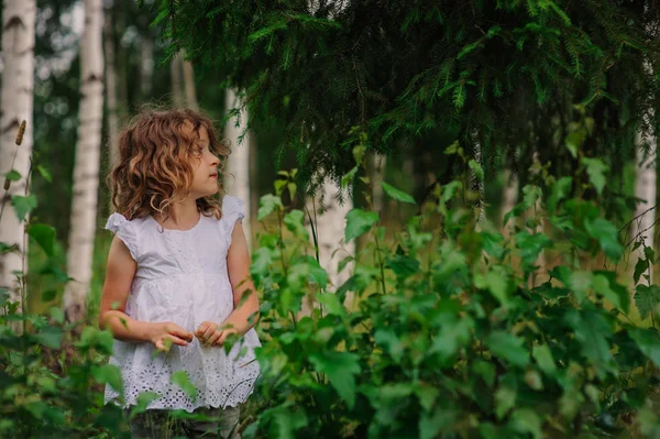 Cute child girl walking in summer forest with birch trees. Nature exploration with kids. Outdoor rural activities.