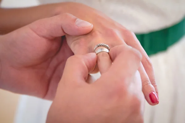 Groom wears the ring on brides finger