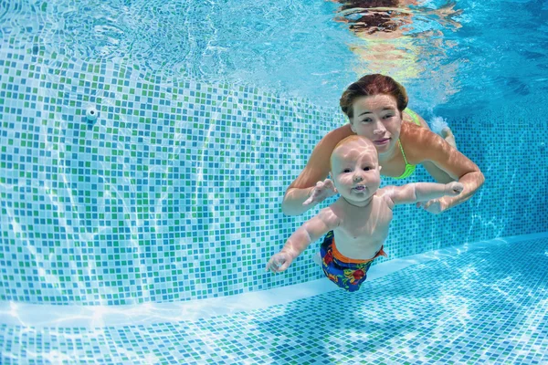 Baby with mother learn to swim underwater in swimming pool