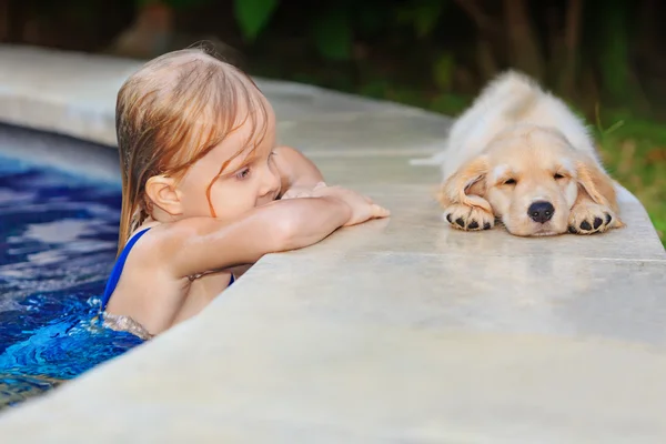 Little child with golden retriever puppy at poolside