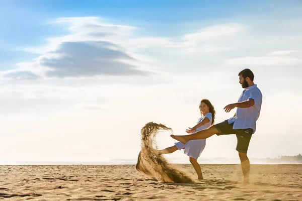 Just married happy family on tropical island honeymoon holidays