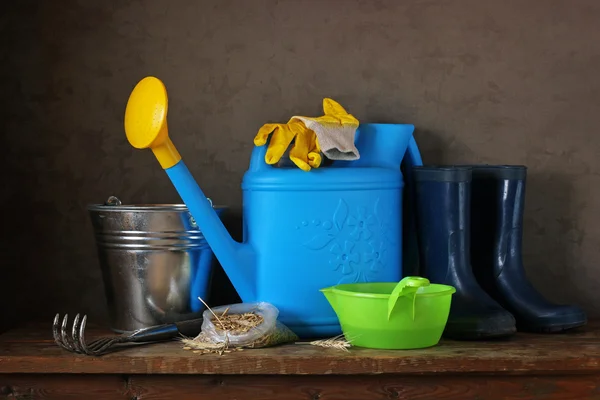 Still life with garden tools: watering can, bucket and rubber bo