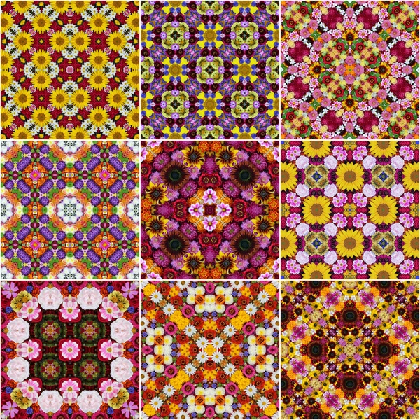 Nine floral backgrounds with kaleidoscope effect. Collage.