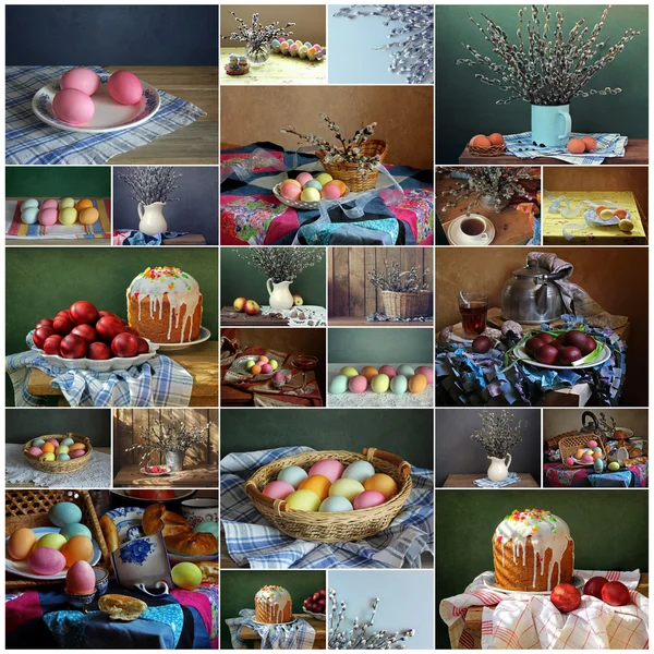 Collage from still lifes by a holiday Easter: Easter cake, Easter eggs, willow.