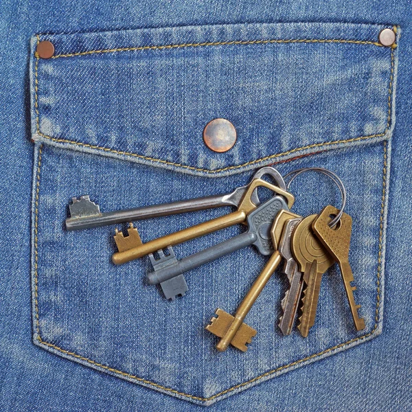 Bunch of keys against a pocket of jeans. Concept a key in a pock