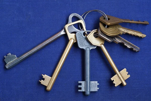 Bunch of keys on a blue background.