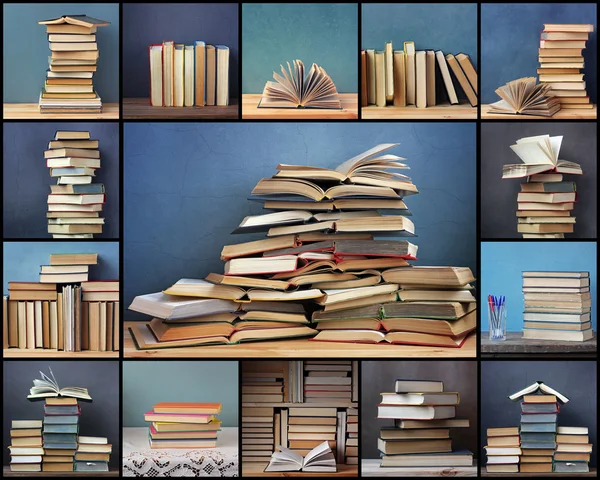 Collage from pictures with books on a blue background