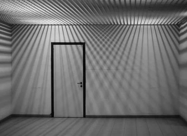 Closed door in empty room with crossing lines of lights and shad