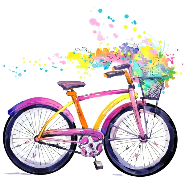 Bicycle. Watercolor bicycle and flower background. Hello Spring watercolor text.