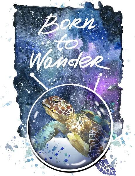 Sea Turtle. Sea Turtle T-shirt print. Astronaut illustration. Universe with stars and galaxy. Watercolor Artistic background. Universe T-shirt design. Universe watercolor background