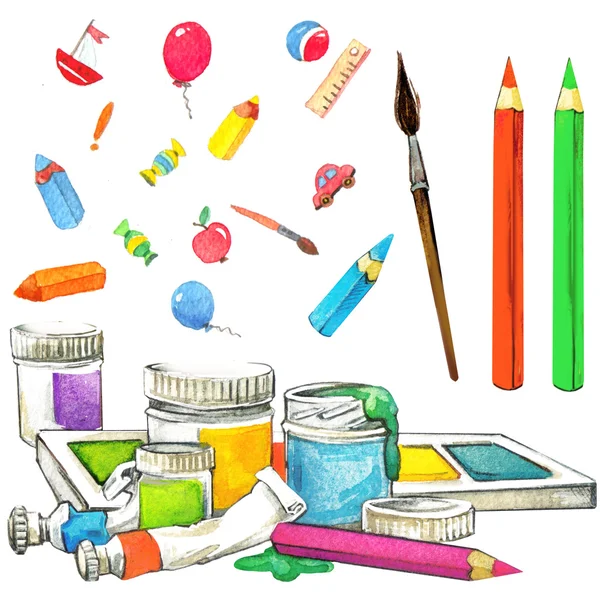 School background. stationery things with pencils, brushes and t