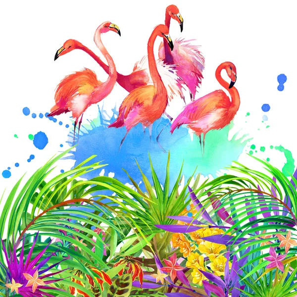 Tropical flowers, leaves and flamingo bird.