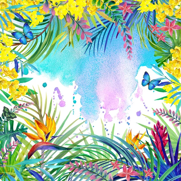 Tropical forest landscape, leaves, flowers and butterfly.