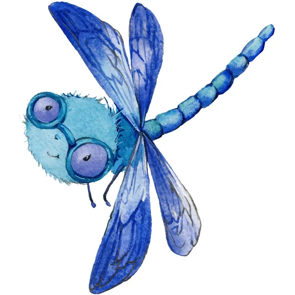 Cartoon insect dragonfly watercolor illustration. isolated on white background.