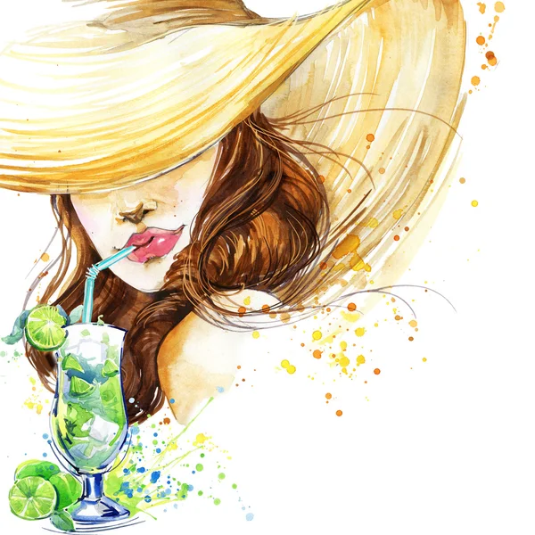 Beautiful young woman with fruit cocktail. Girl and beach cocktail party. cocktail party poster background. watercolor illustration