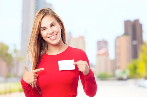 Young cool woman with a name card