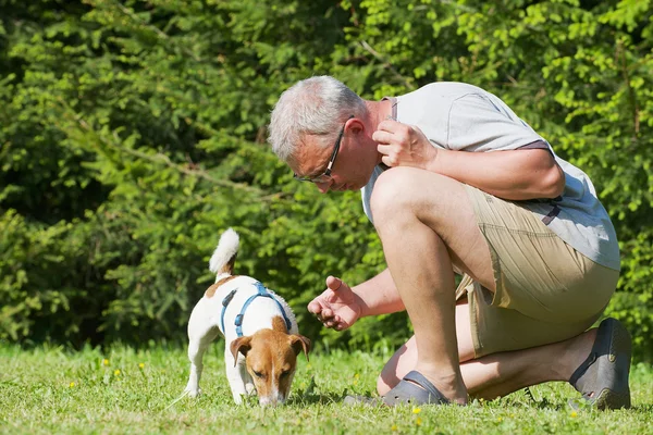 Man talks with his dog (Jack Russell Terrier breed) in a park in Sirvintos, Lithuania.