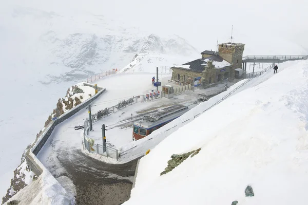 Snow storm at the Gornergratbahn upper station in Zermatt, Switzerland.