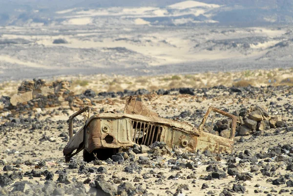 Remains of a cabin of a Soviet truck GAZ-66 stay at the former mine field near Aden, Yemen.