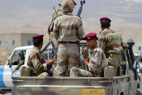 Yemeni military on duty at the security checkpoint Hadramaut valley, Yemen.